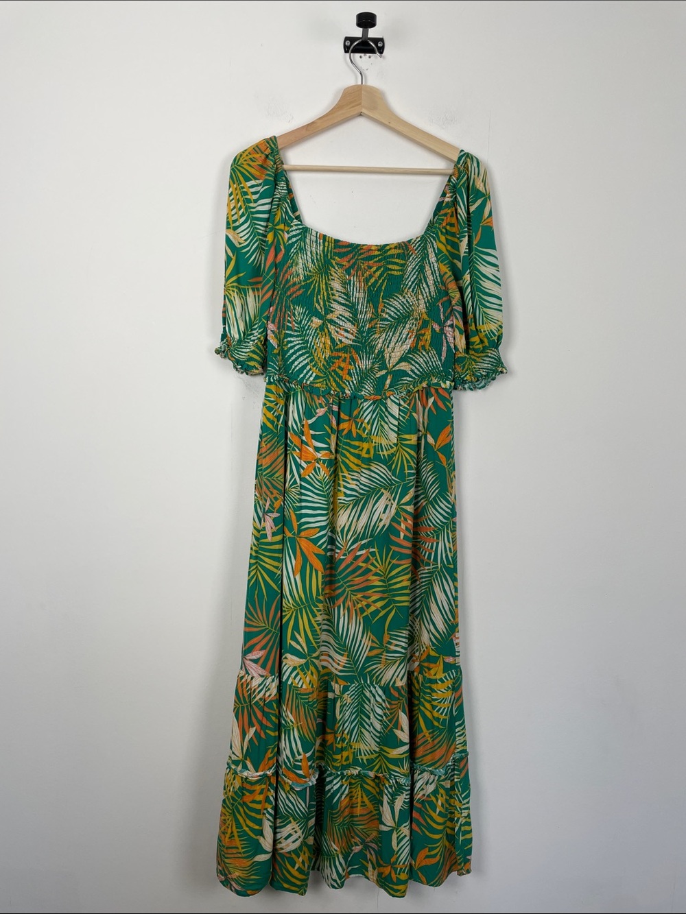 Betsey Johnson Women L Green Tropical Palm Print Square-Neck Smocked Maxi Dress - Picture 2 of 8